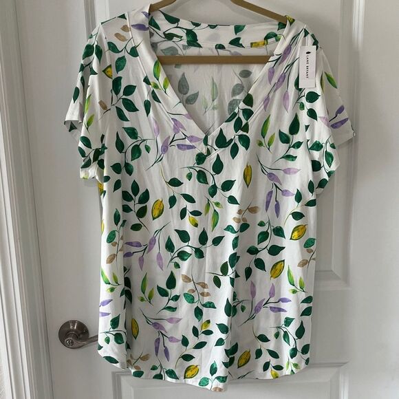 Lane Bryant Leaf Print V Neck Tee in Green, Purple, and Yellow - Picture 1 of 7